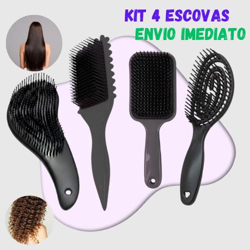 Kit Completo de Escovas para Cabelo (4 Peças): FITAGEM, CURVADA, OVAL e MAGICA