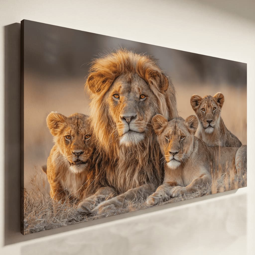 Quadro Decorativo Família de Leões Realista Natureza Selvagem Sala Moderna Luxo