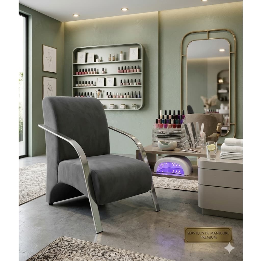 Poltrona Barbearia Salão de Beleza Manicure Decorativa Confortável Reforçada Estofada Sala Suede Recepção Braço Aluminio