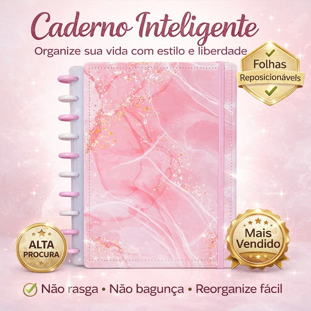 Caderno Inteligente A4 Grande Rosa | Disco Reposicionável | Planner Universitário | Capa Dura Resistente