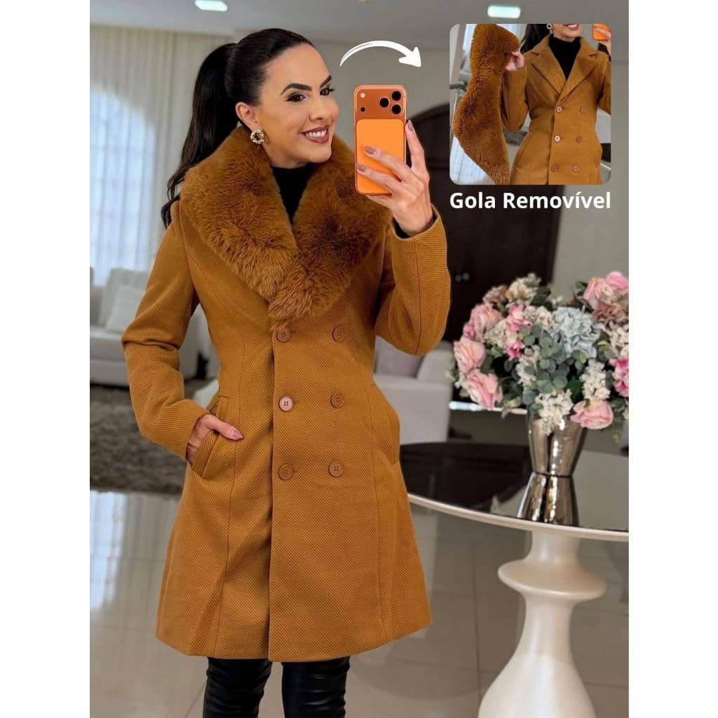 Sobretudo Feminino Inverno Lã Batida Gola Peluciada Removível Quentinho Elegante Estiloso