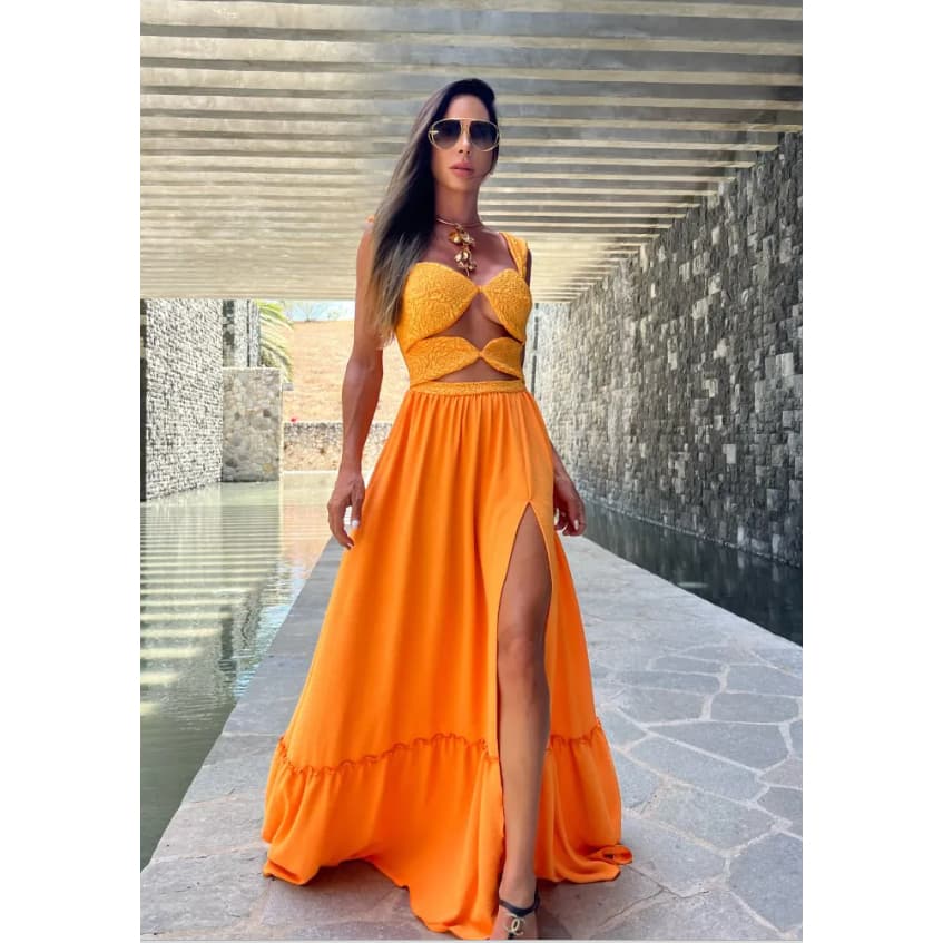 Vestido de Madrinha Laranja Orange Elegante Luxo Casamento Vestido Longo Verão Inverno