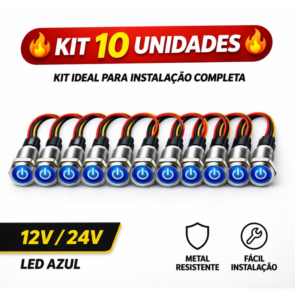 Botão Metal LED 12V 24V Automotivo Painel Kit 10 Unidades Atacado Alta Durabilidade