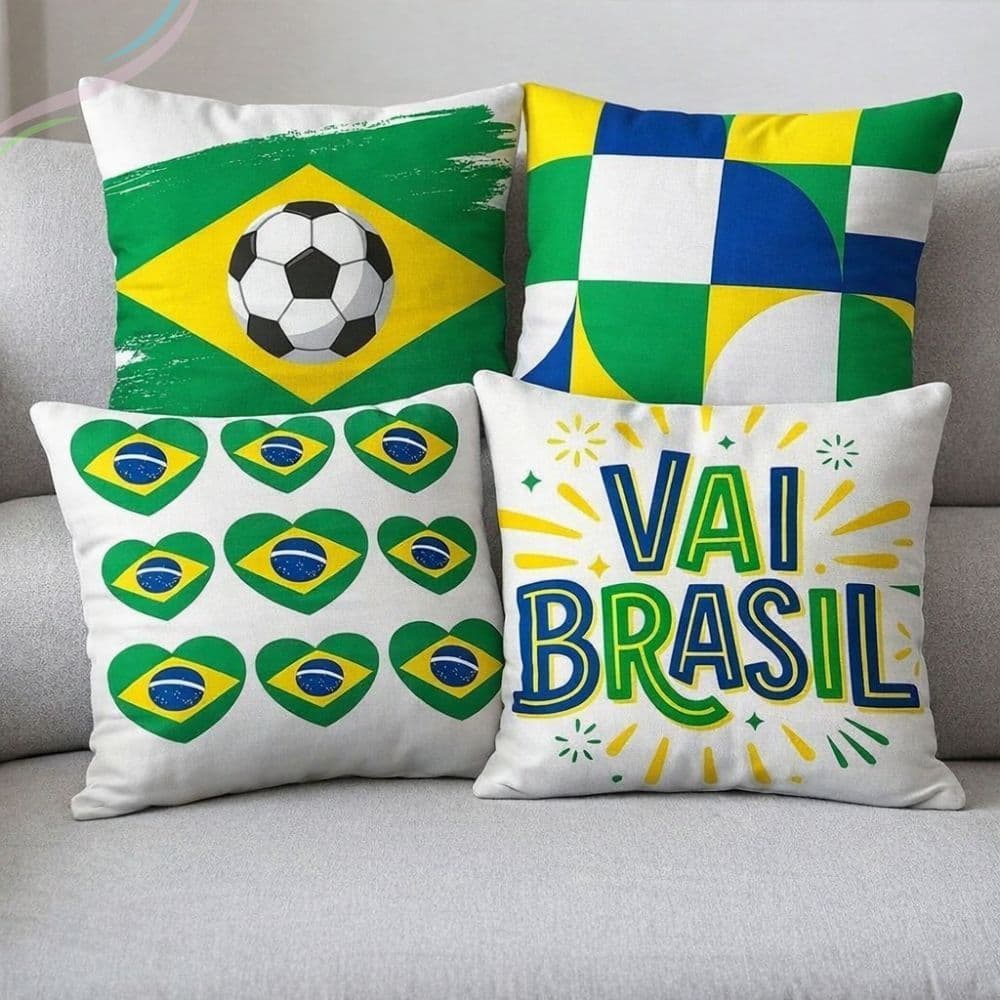 Kit 4 Capas Almofada Futebol Copa do Brasil 45x45cm com Zíper Estampada Moderna Decorativa Para Sala