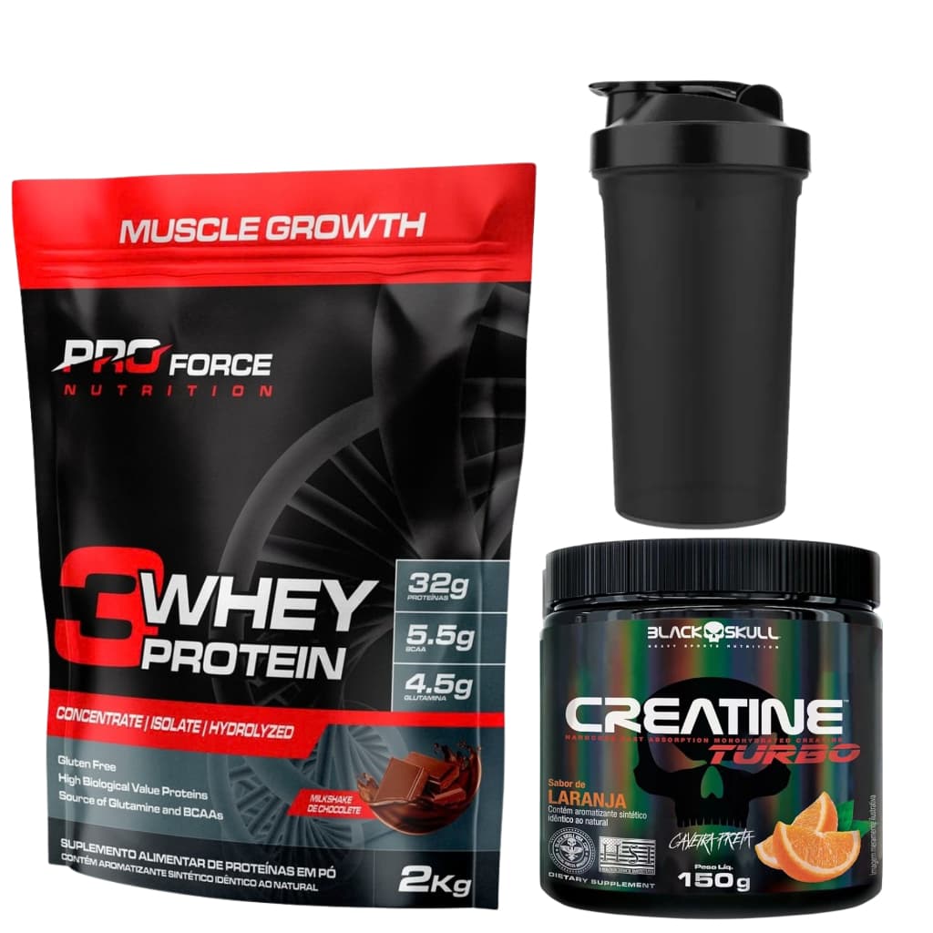 Combo Whey Protein Pro Force 2kg + Coqueteleira | Com ou Sem Creatina Black Skull 150g