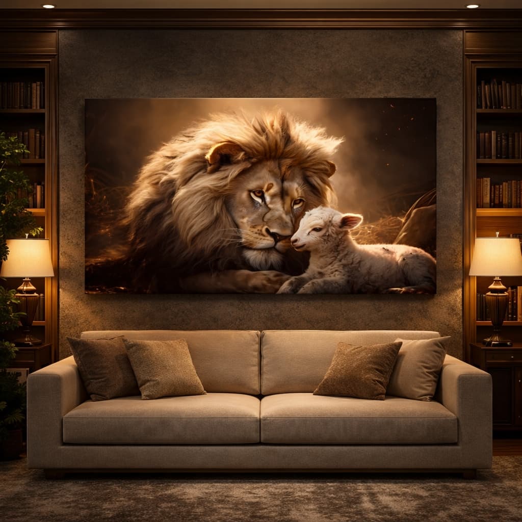 Quadro Decorativo Leão e Cordeiro Deitado Família Proteção Amor Selvagem Arte Minimaliasta Moderna
