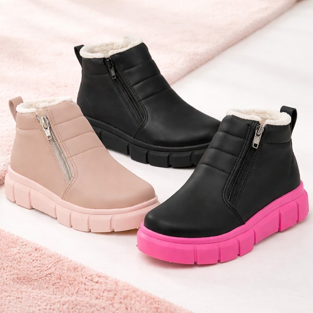 Coturno Infantil Menina Frio Pelinho Bota Inverno Feminina Confortável com Zíper Lateral Passeio