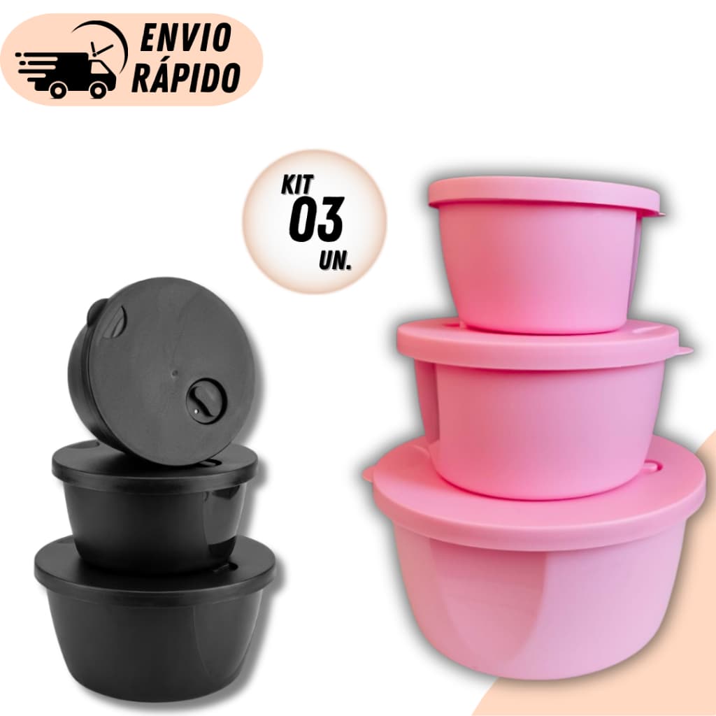 Kit 03 Potes Plásticos Com Tampa Válvula de Respiro Resistente A para Microondas 1200/650/350ml Utensilios para cozinha