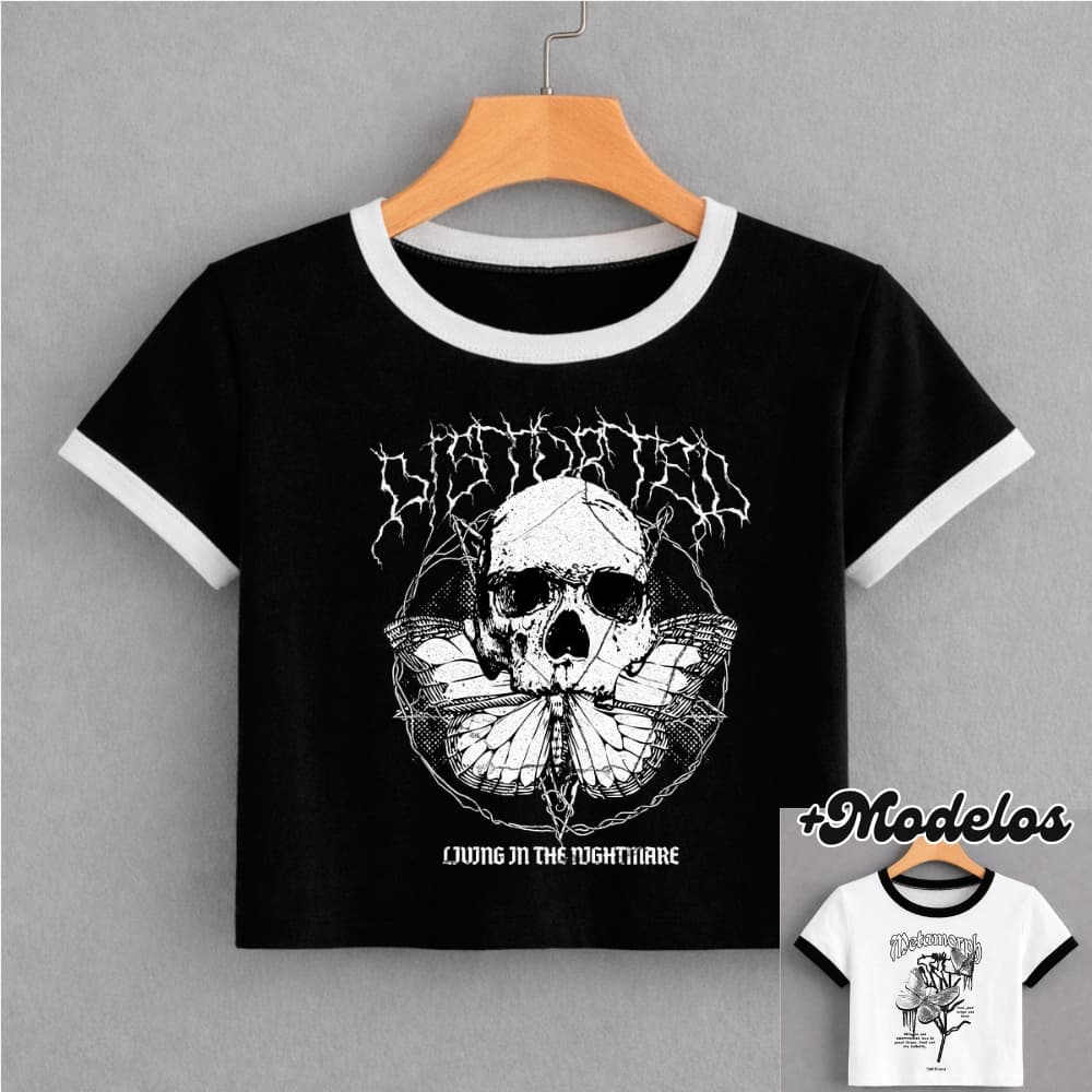BABY TEE Feminina, Modelo CAVEIRA BORBOLETA, Cropped Camiseta - Estilo Alternativa Y2K Gótico Streetwear Punk