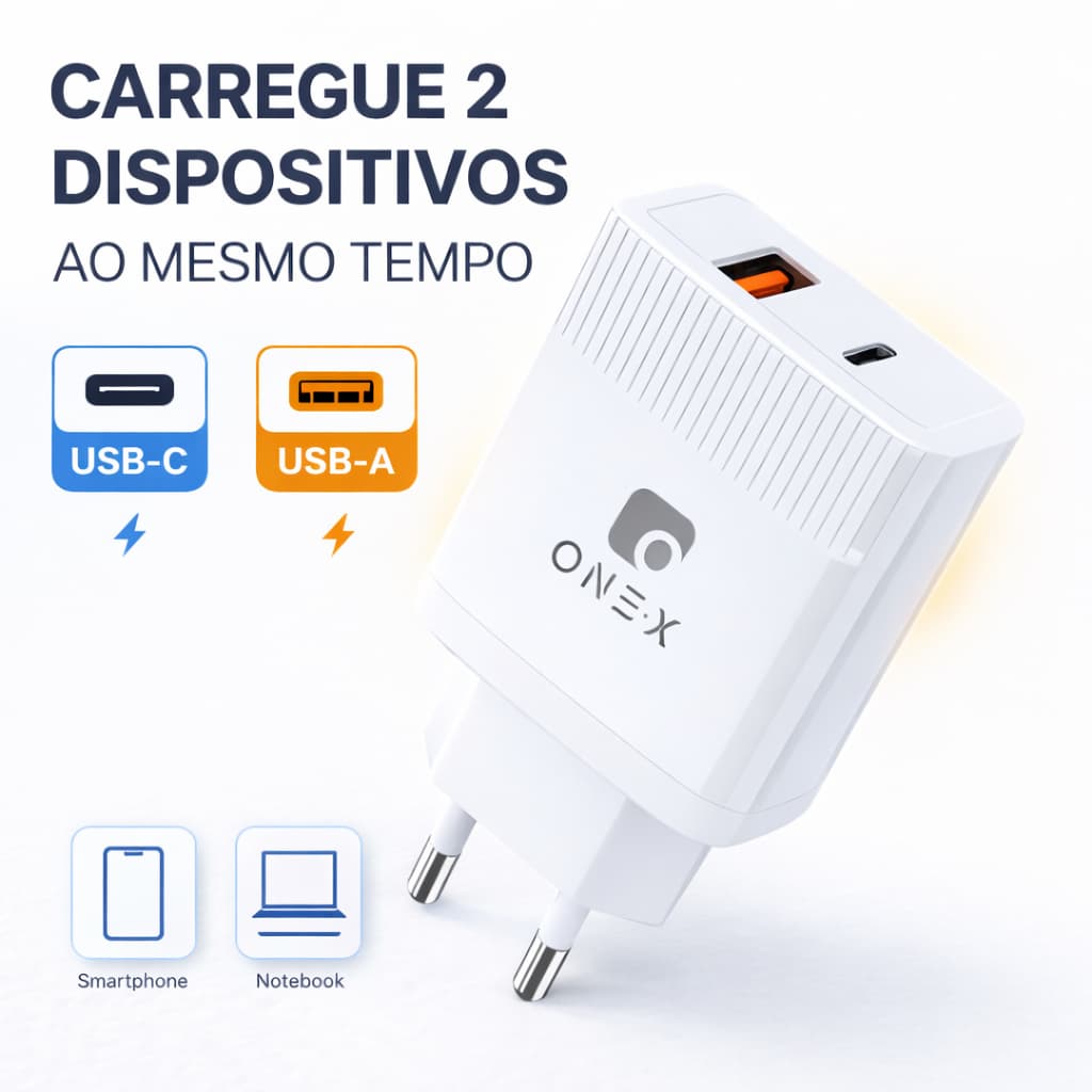 Carregador 48W 2 Entradas - USB-C e USB-A Branco Carregamento Rápido  Fonte  Bivolt Iphone e Android