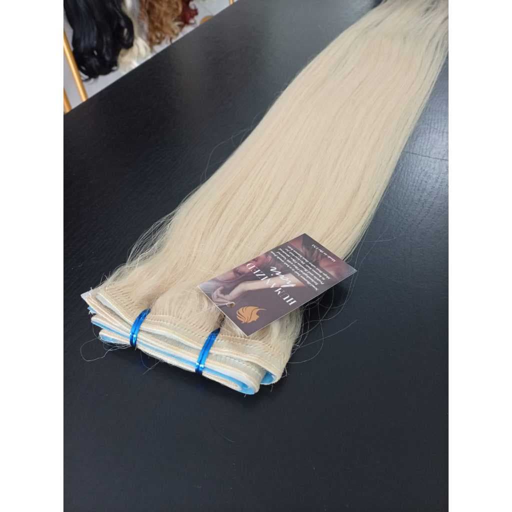 Cabelo para Mega Hair na Fita Adesiva Humanizado Liso Loiro Claríssimo 60cm Natural Fibra Russa