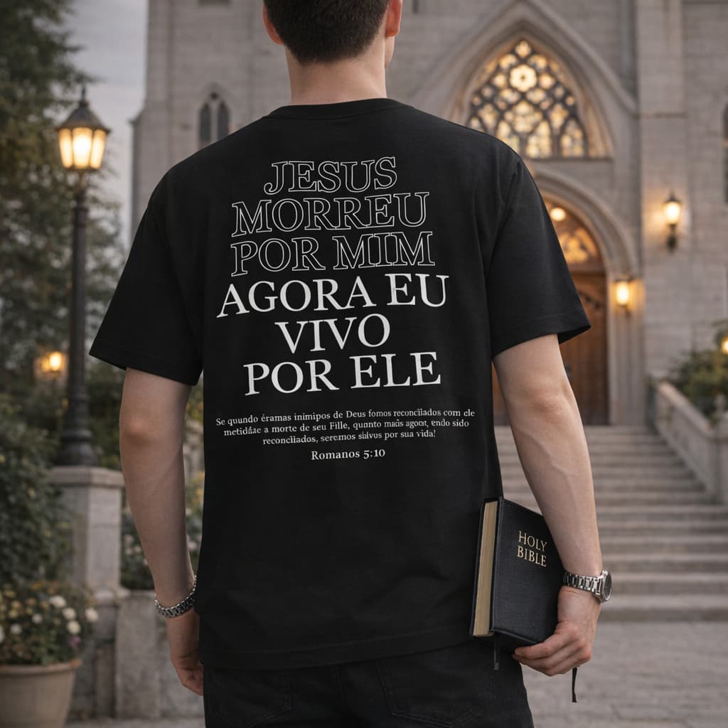 Camiseta Cristã Masculina Jesus Morreu Por Mim Cruz Peito Estampa Gospel Algodão Premium Confortável Igreja
