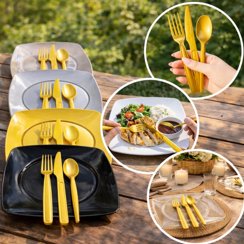Kit 200 Itens Acrílico Refeição Plástico Pratos Talheres Dourados Ouro Descartáveis Churrasco Natal Ano Novo Reveillon