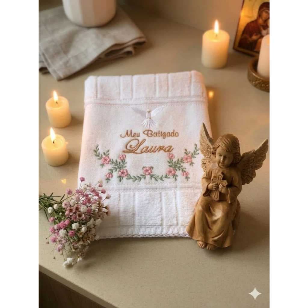 Toalha de Batizado Dohler Artesanalle Bordada Meu Batizado Espirito Santo  Floral Religioso Picueta