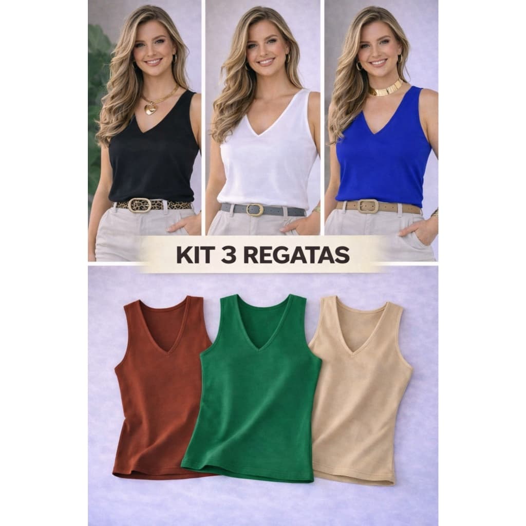Kit 3 Regatas Feminina Tecido Duna Premium com Forro Duplo Zero Transparência Blusa Básica Elegante