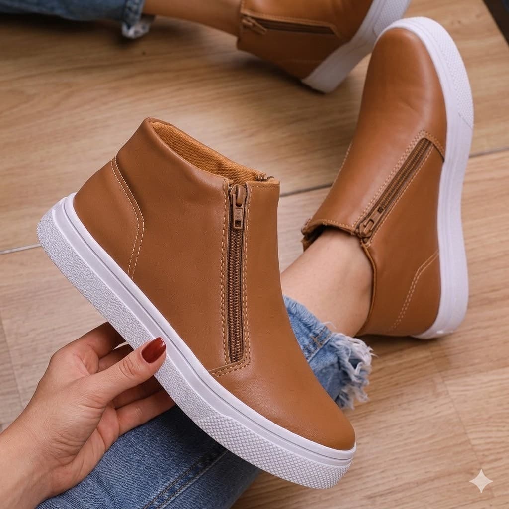 Tênis Botinha Feminina Casual Sem Pelo Com Cano Curto e Zíper Lateral