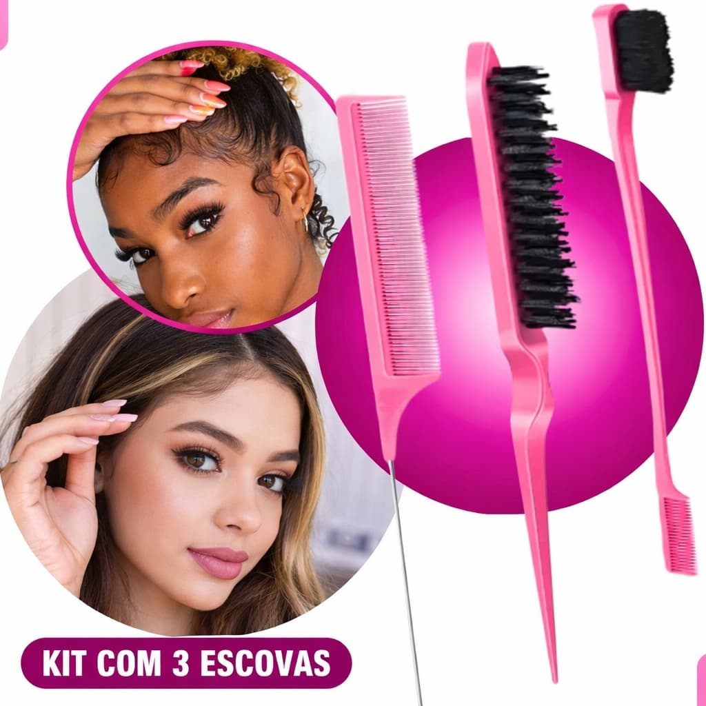 Kit 3 Escova Pente Baby Hair Escovinha Sobrancelha Lace Profissional