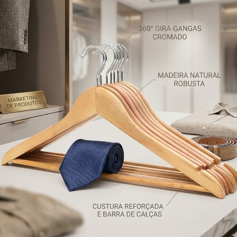 KIT 20 CABIDES DE MADEIRA FUKUYAMA COM GANCHO GIRATÓRIO 360° PREMIUM
