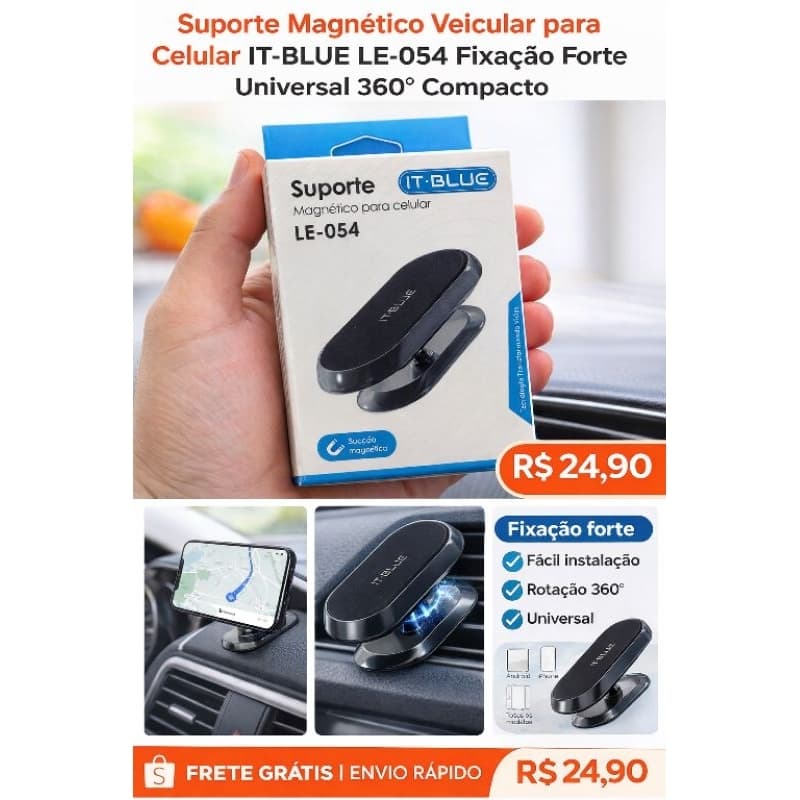 Suporte Magnético Veicular para Celular IT-BLUE LE-054 Fixação Forte Universal 360° Compacto
