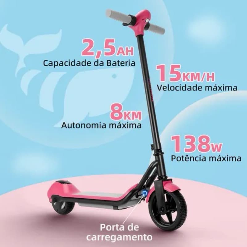 Patinete Elétrico Infantil E2 138W até 15km/h com Capacete, Joelheiras e Cotoveleiras