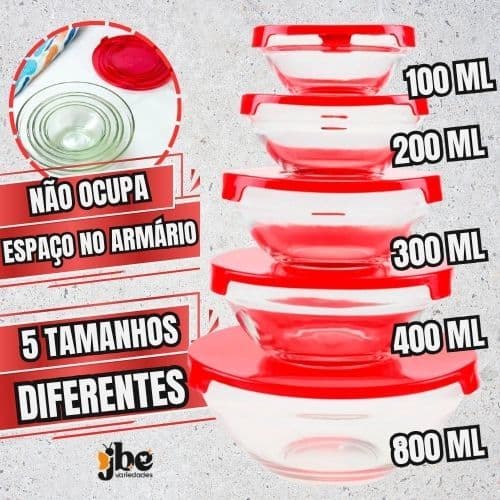 Kit 5 Tigelas de Vidro Redondas com Tampas Herméticas Potes para Cozinha e Armazenamento Marmita Bowl ml