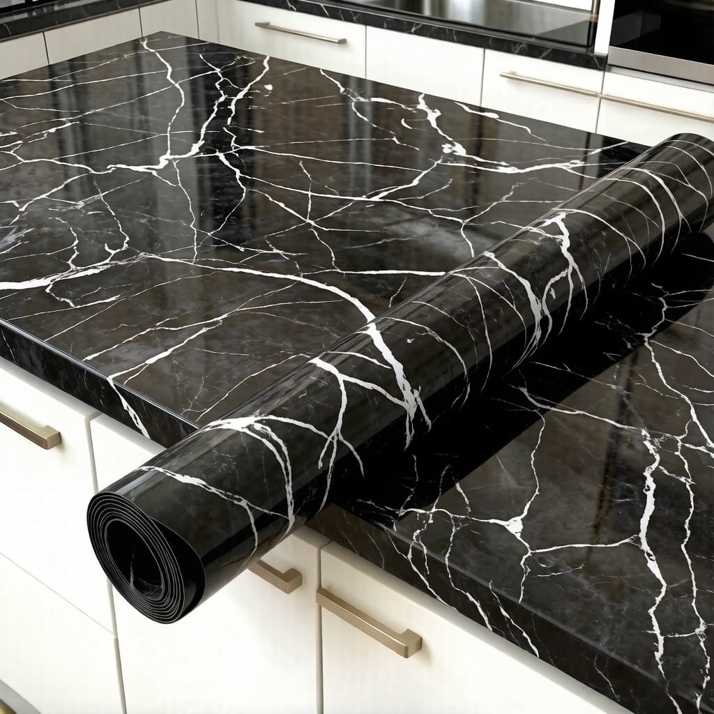 Papel Adesivo Mármore Preto para Cozinha à Prova d’Água Ideal para Bancadas, Mesas e Envelopamento Rápido