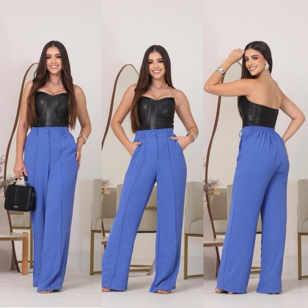 CALÇA FEMININA PANTALONA WIDE LEG DUNA COM BOTAO TENDENCIA 2026