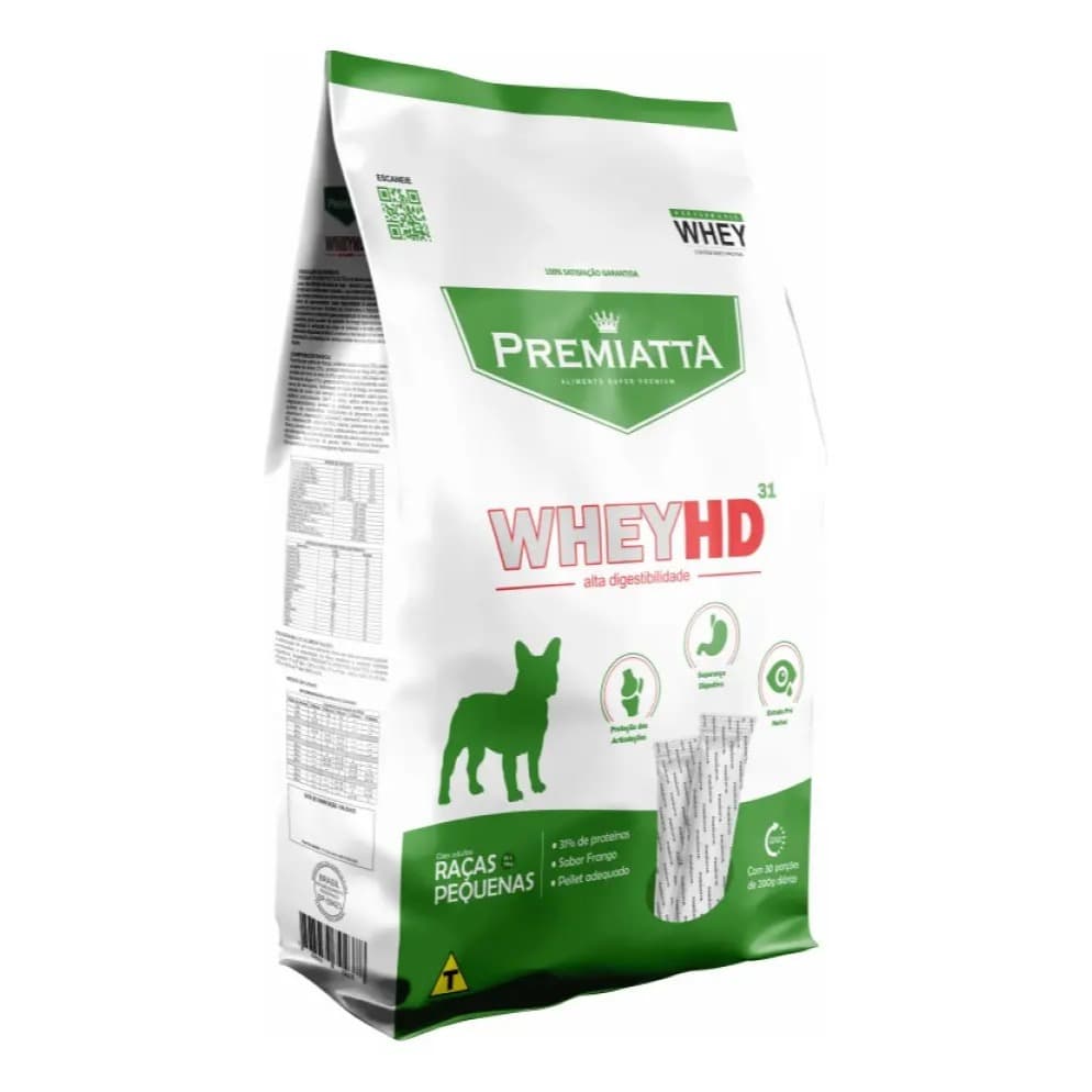 Ração Premiatta Whey HD31 6kg p/ Cães Adultos Raças Pequenas – 30x200g Embalagem Prática VERDE