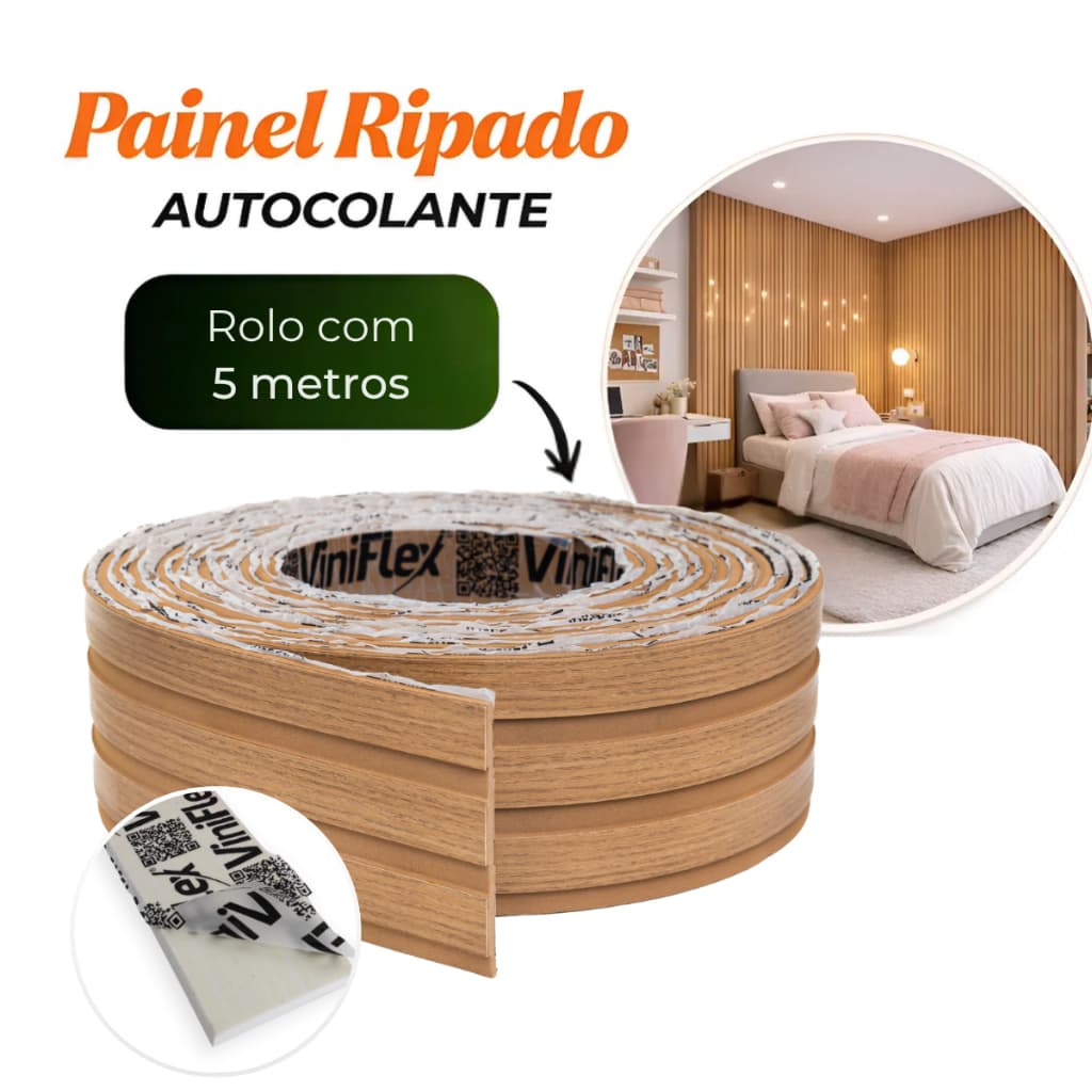 Painel Ripado Autocolante 2,5M e 5M Laminado Adesivo Decorativo Acabamento Amadeirado Parede Quarto Sala