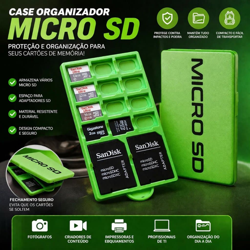 Case Porta Cartão Micro SD + Adaptador SD | Estojo Organizador Compacto para Cartões de Memória | Proteção Anti Impacto