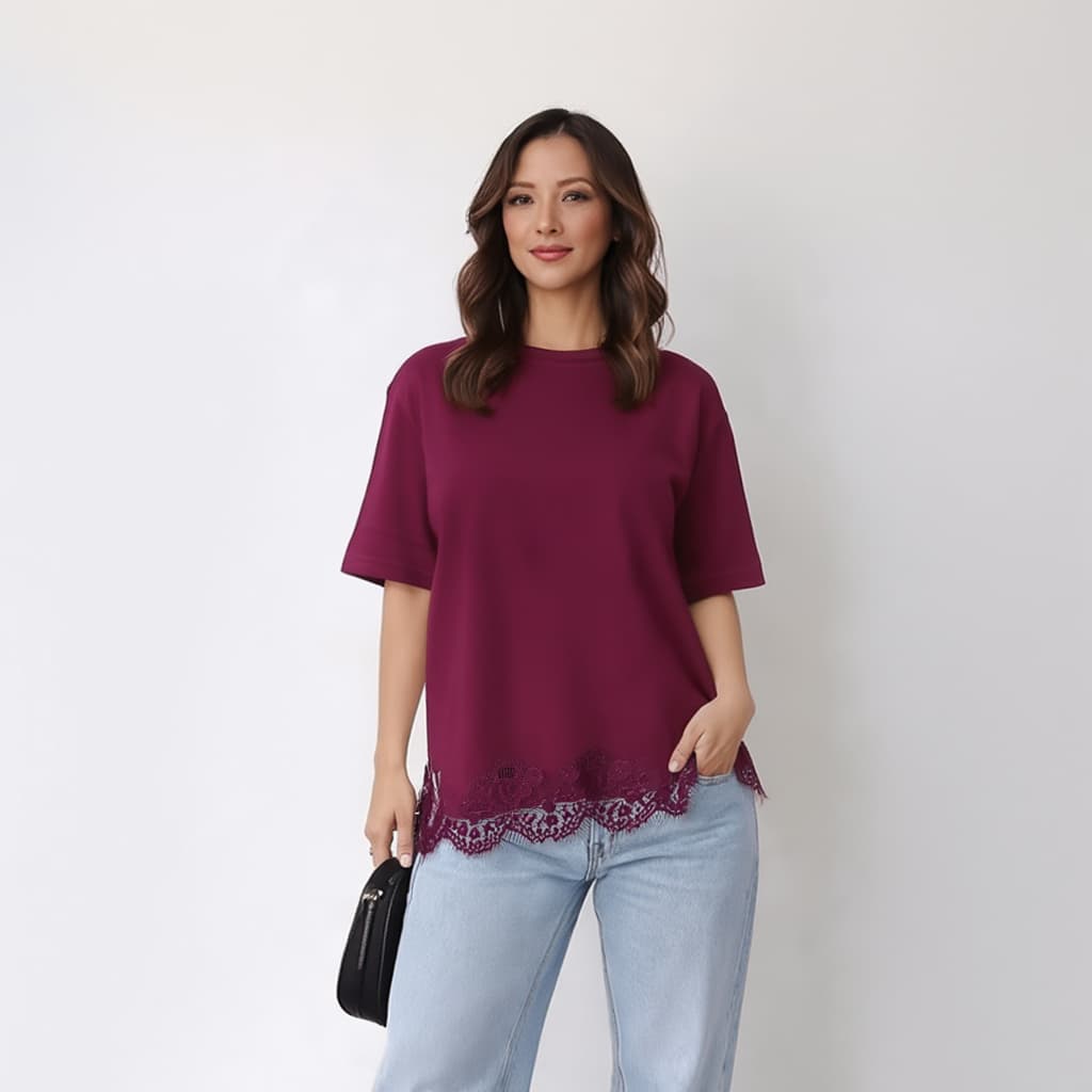 Blusa Feminina Camiseta 100%Algodão ComDetalhe Em Renda Elegante Sofisticada