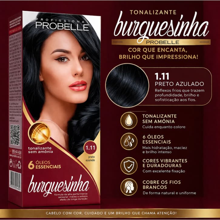 Tonalizante Burguesinha Probelle 1.11 Preto Azulado Sem Amônia 6 Óleos Brilho Intenso