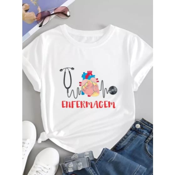 Camiseta Feminina Técnico em Enfermagem Estampada Algodão Respirável