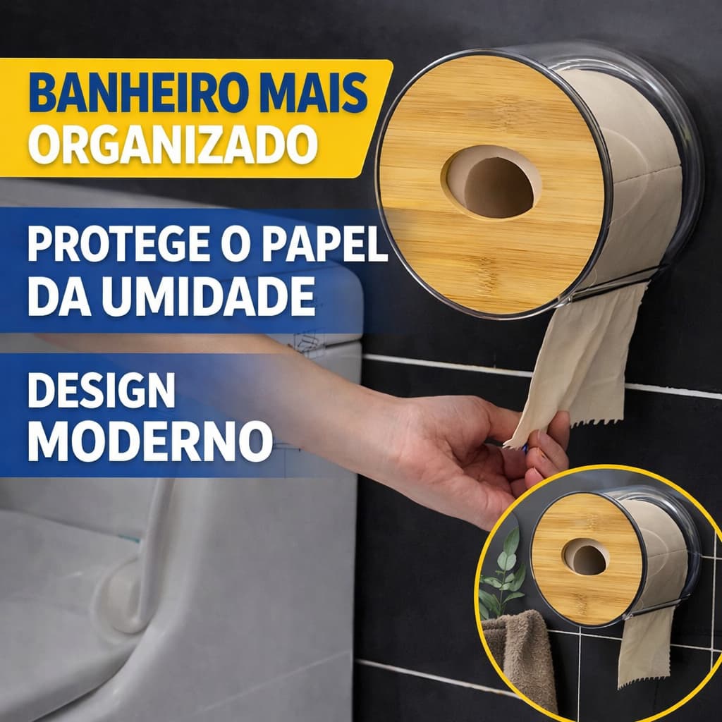 Porta Papel Higiênico com Tampa Bambu Anti Umidade Organizador Banheiro Moderno Suporte Fechado