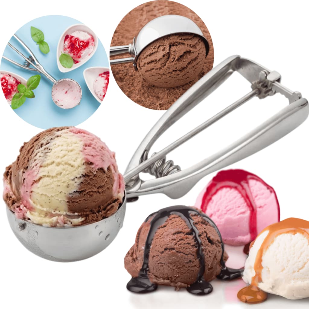 Colher Pegador Sorvete Aço Inox Com Extrator Ejetor Bolas 5cm Açai Pão de Queijo Doces Sobremesas
