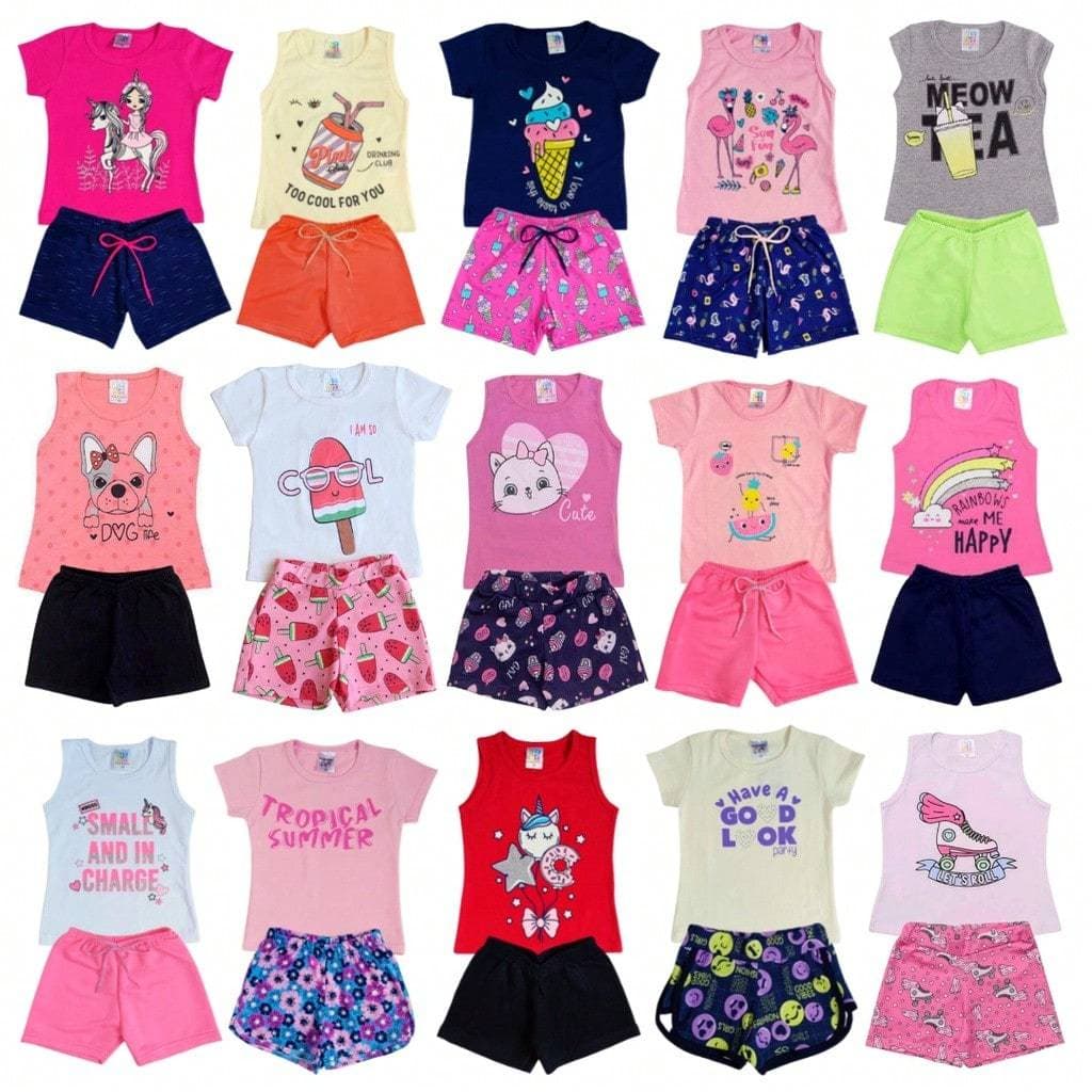 Kit 12 peças 06 Conjunto Sortidos Roupa Infantil Menino Estampados Camiseta/Blusa + Shorts/Bermuda