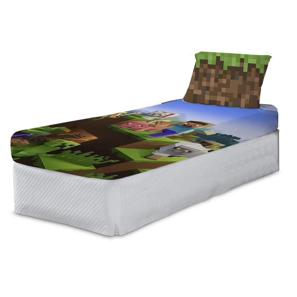 Kit Cama Solteiro Mundo dos Blocos Gamer Menino Lençol e Fronha
