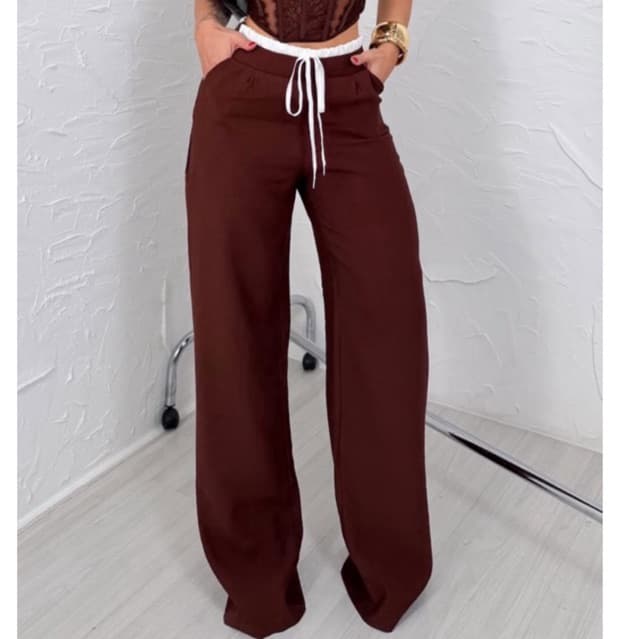 Calça Pantalona feminina bicolor Virginia Cos Duplo Marant Casual Chic Fechamento Lateral