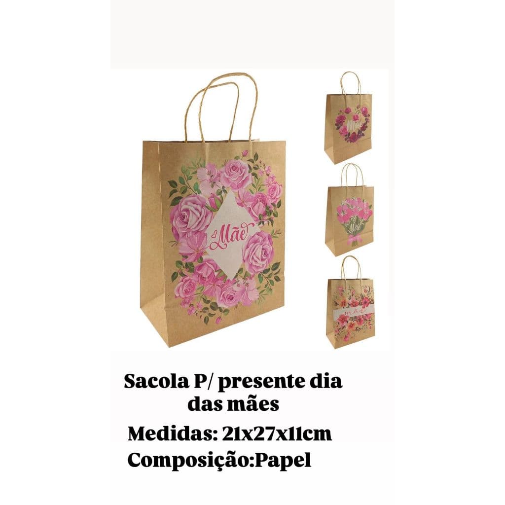 Sacola Papel Para Presente Dia Das Mães tamanho 21x27x11cm  12 unidades variadas