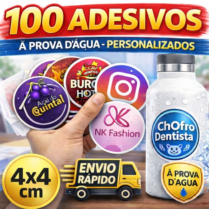 Adesivo Personalizado 4x4cm Vinil à Prova D’Água | 100 Etiquetas Personalizadas para Sacolas, Lembrancinhas e Embalagens