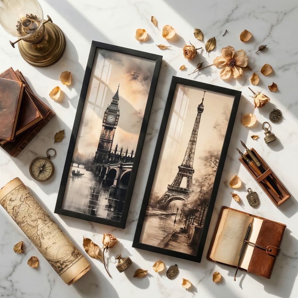 Kit 2 Quadros Quarto, Sala, Escritório, Paris, Londres Vidro com moldura e vidro