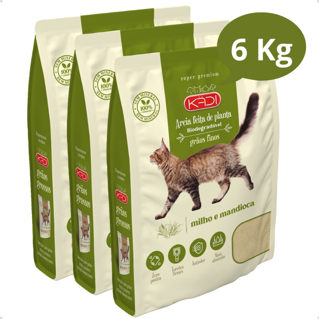 Kit 3 Areia Higiênica Natural Biodegradável de Grãos Finos de Milho e Mandioca para Gatos Kadi 2 kg