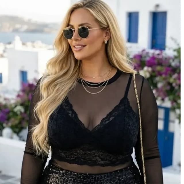 Body bori blusa tule manga longa Plus size transparente MODA PLUS SIZE