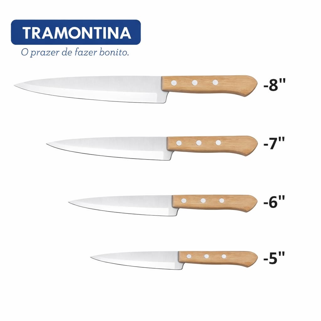 Jogo de Facas Cozinha Aço Carbono 4 Unidades Peixeira Cabo de Madeira Tramontina