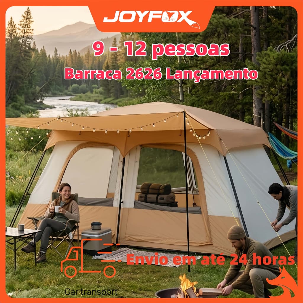 Barraca 9-12 Pessoas Camping Impermeável Tenda Gigante com Varanda e Divisória de Quarto JOYFOX