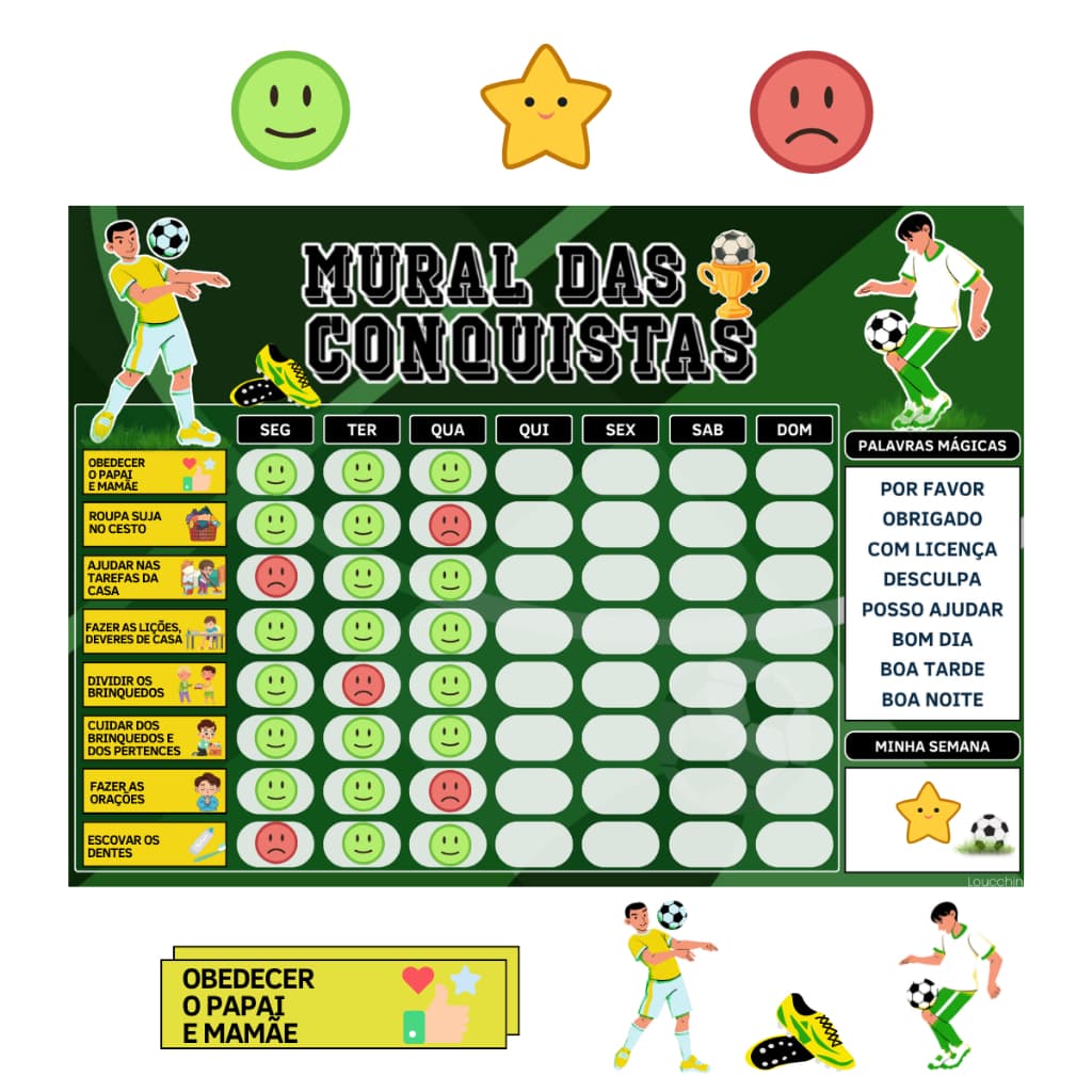 Mural das Conquistas Infantil Tema Futebol Quadro de Incentivo e Tarefas Para o dia e Semana