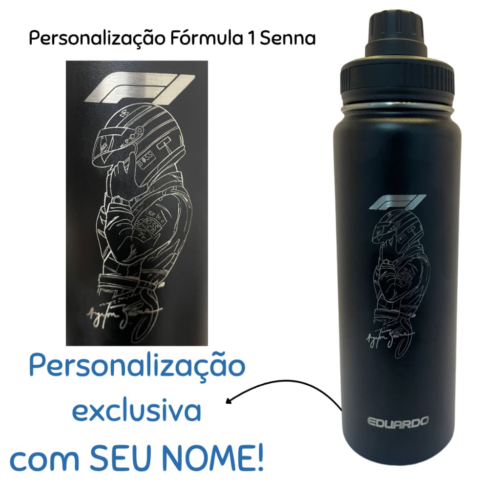 Garrafa Térmica Personalizada Com Nome Estilo F1 Senna | Inox  800ml | Mantém Gelado e Quente | Academia Escola