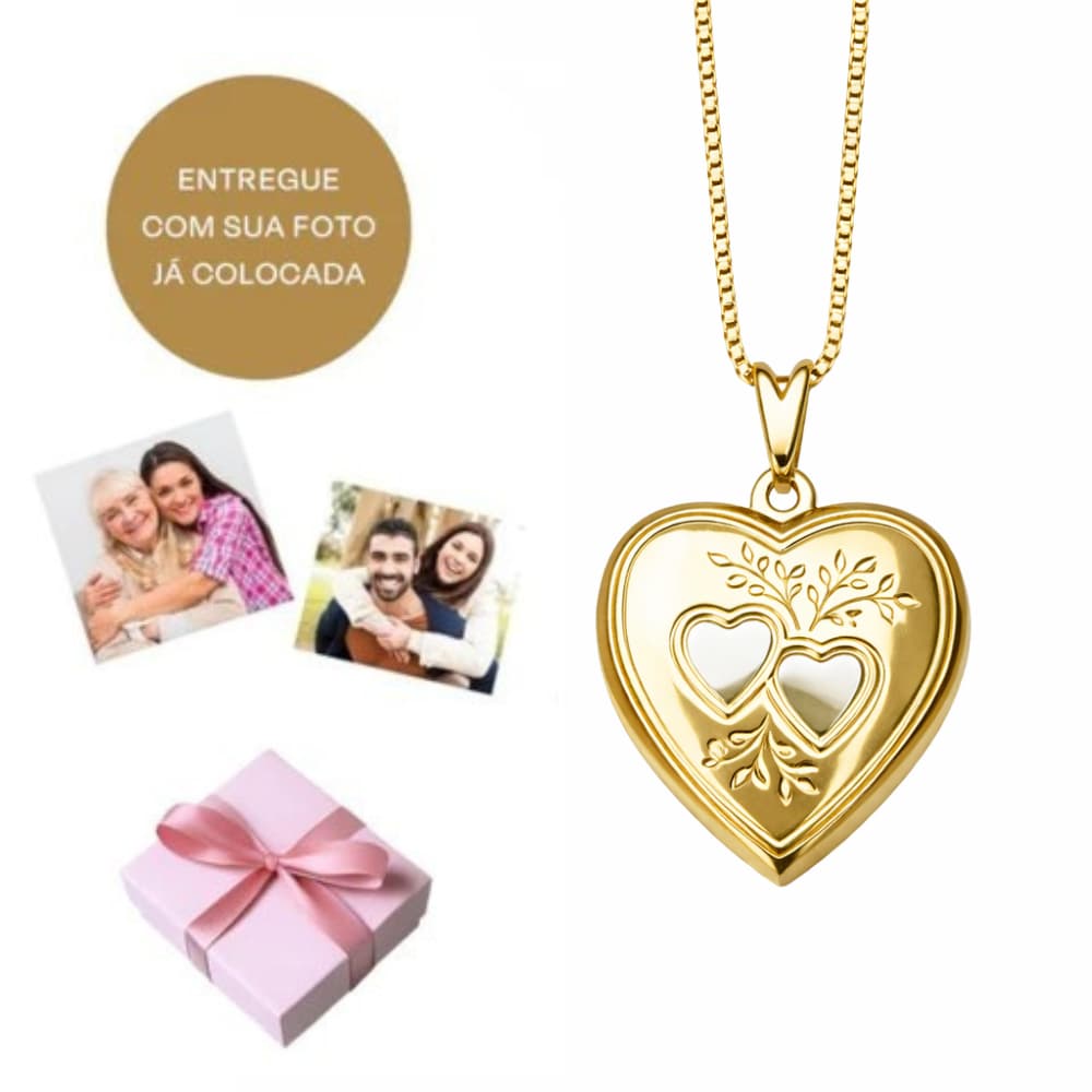 Colar Relicário Coração Personalizado Ouro 18K Banhado com Foto Feminino Retrato Presente