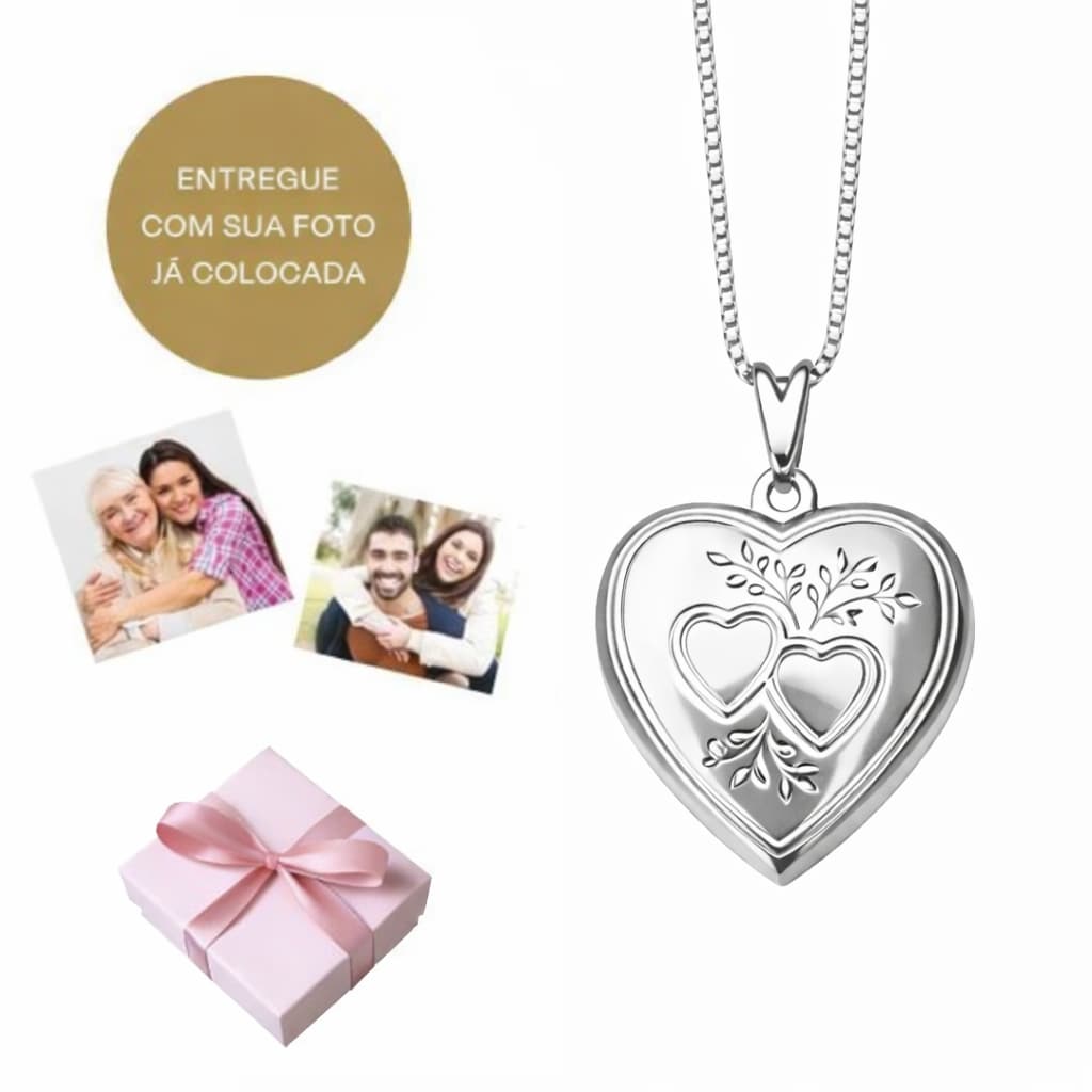 Colar Relicário Coração Prata 925 Banhado Personalizado  Porta Retrato Presente Feminino