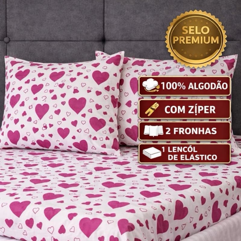 Kit Lençol Malha Super King 100% Algodão – Estampa coração | 3 Peças